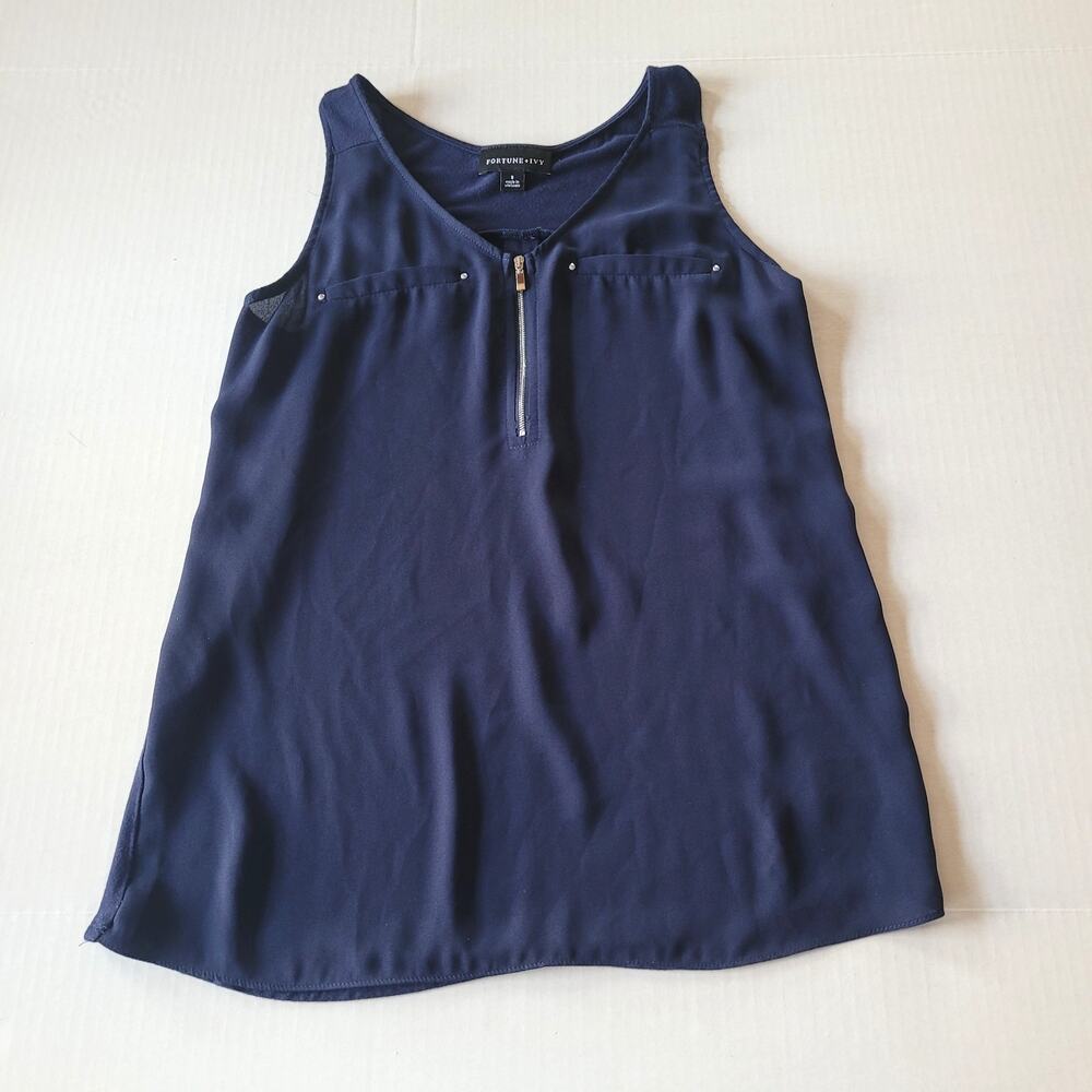 Fortune + Ivy Navy Sleeveless Blouse Zip Front Stud Detail Career Top Small Work
